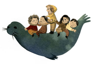 illustration en papiers découpés représentant des enfants qui voyagent à dos de phoque
